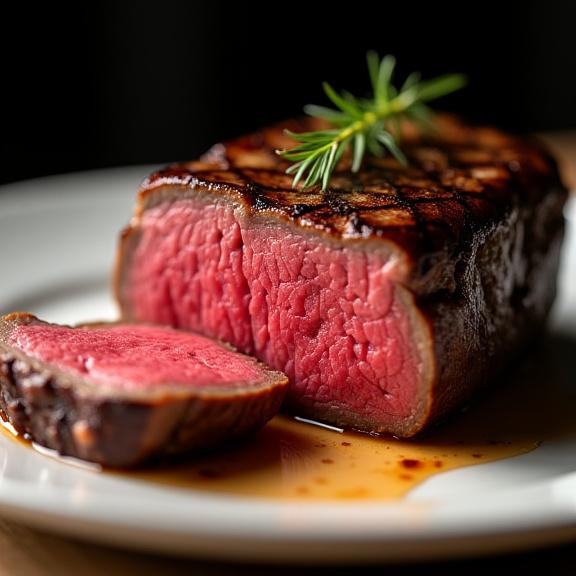 En perfekt medium-rare entrecôte, uppskuren och serverad