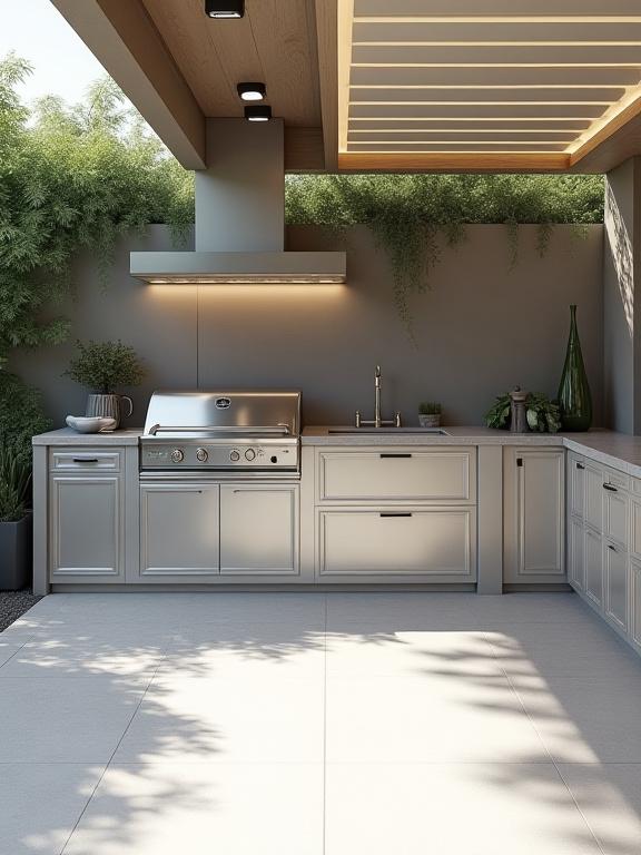 Detaljbild av ett modernt utekök med rena linjer och inbyggd grill